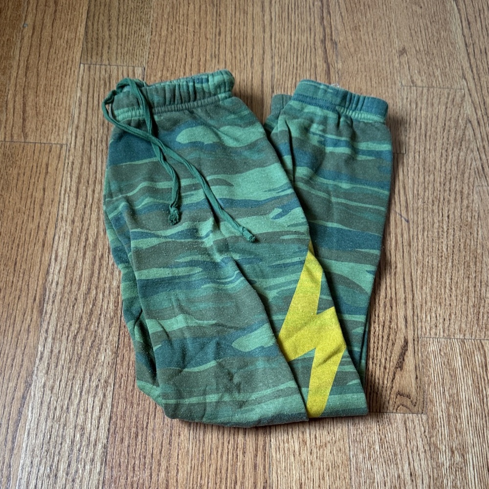 Aviator Nation women’s Camouflage Joggers with Yellow Accent bolt